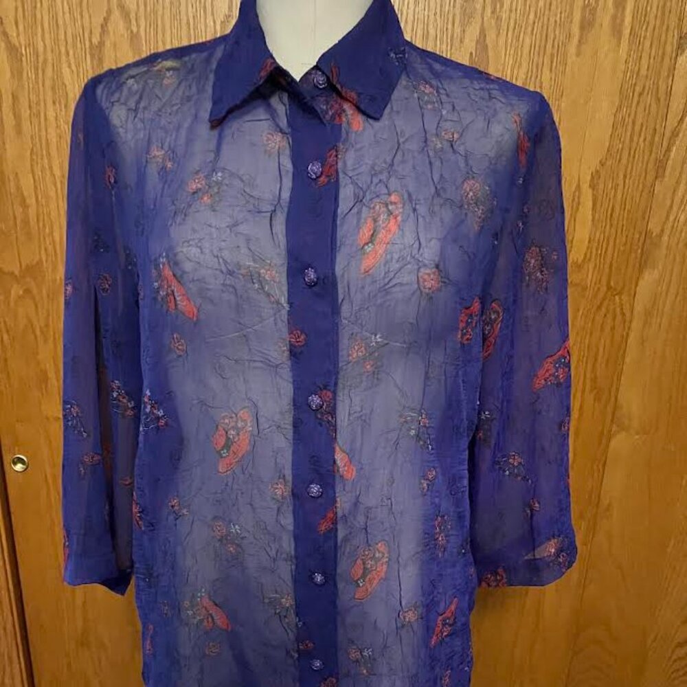 Sheer Purple Blouse with 3/4 Length Sleeve Embellished with Red Hat Design
